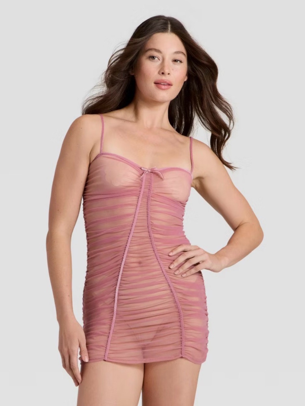 Sheer Ruched Slip Dress in Dusty Rose